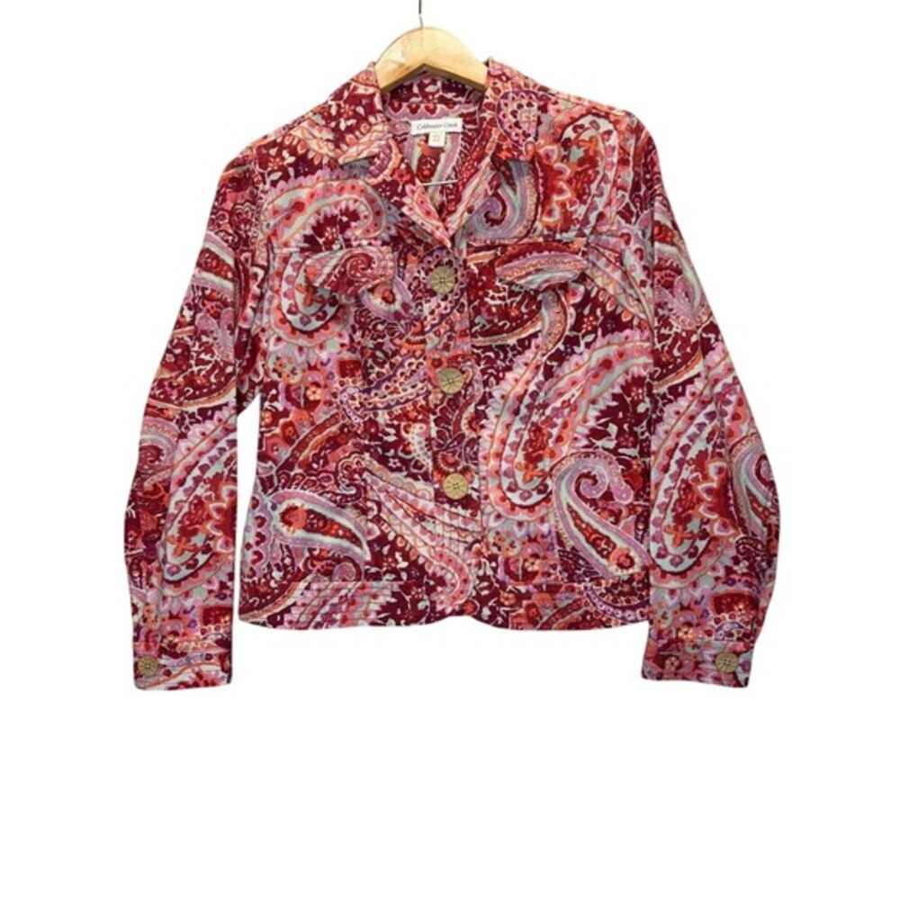 Coldwater Creek‎ Red Paisley Cotton Canvas Jacket Petite P10 Boho Button Front
